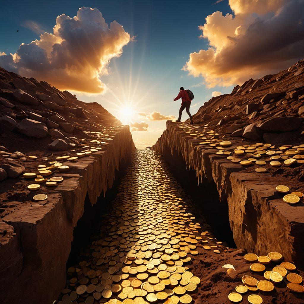A visually striking transformation scene showing a person climbing from a dark, crumbling pit labeled 'Debt' to a bright, prosperous landscape filled with symbols of wealth like gold coins, stacks of money, and financial growth graphs. Include a path labeled 'Money-Saving Tips' that leads to the sunny horizon of 'Financial Success'. The sky should be vibrant and filled with inspiring clouds. super-realistic. vibrant colors.