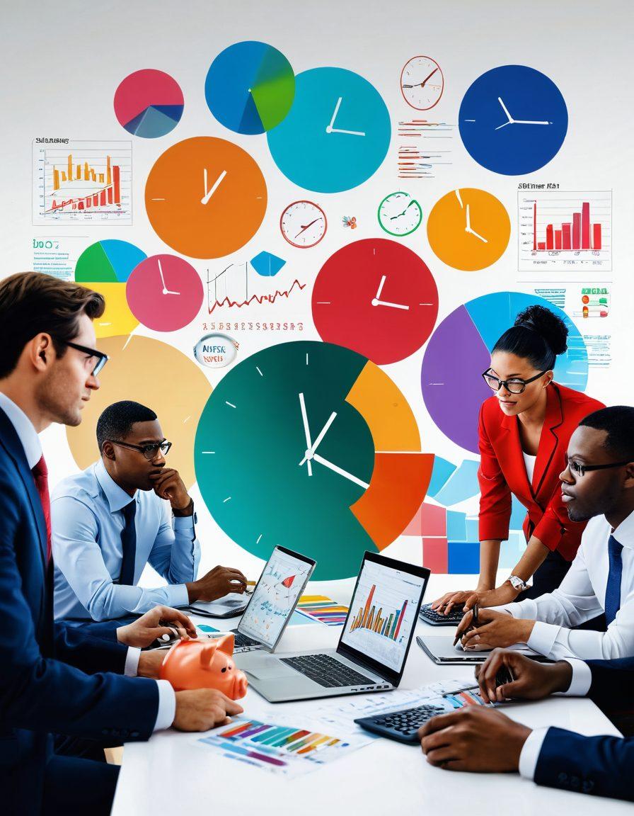A visually compelling scene featuring a diverse group of individuals engaged in financial discussions around a large table filled with charts, calculators, and a laptop displaying stock market trends. In the background, a large wall clock symbolizes time management, and a piggy bank represents saving. The atmosphere should evoke collaboration and empowerment amidst vibrant colors. super-realistic. vibrant colors. white background.