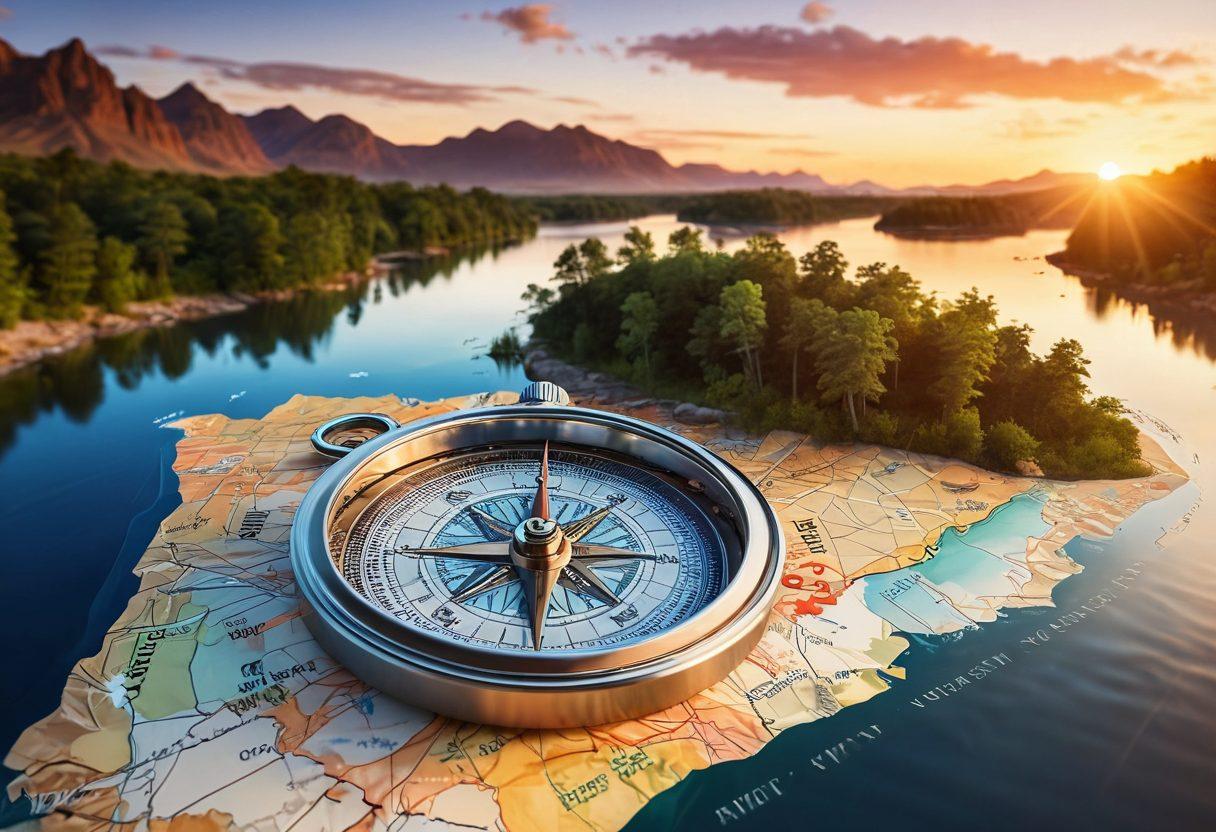 A sophisticated landscape featuring a compass and a detailed map with financial symbols like dollar signs, coins, and charts. A sunset in the background symbolizing the journey of wealth management. A calm river flowing through representing steady growth. Elegant typography overlay with the title. super-realistic. vibrant colors. 3D.